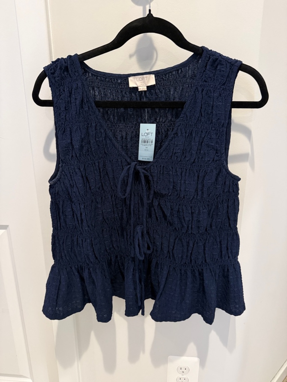 LOFT Navy Textured Tie-Front Peplum Tank Top